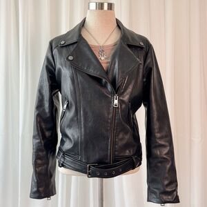 Black Leather Moto Jacket Biker Jacket Zip Up Cropped Women's Medium